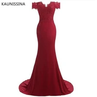 kaunissina mermaid long evening dress burgundry vestido de festa train lace off shoulder luxury party prom dresses