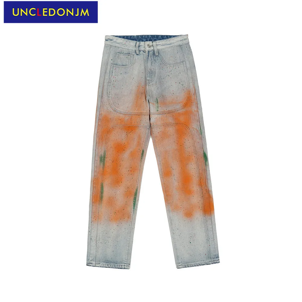 

UNCLEDONJM Splash ink print distressed jeans men street straight-leg pants cargo jeans biker jeans painted jeans men K089
