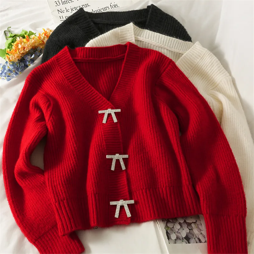 

Korean Fashion Elegant Sweater Diamond Bow White Black Knitted Cardigan Crop Top Women Sweet Cute Sweater Coat Short Jumper Tops