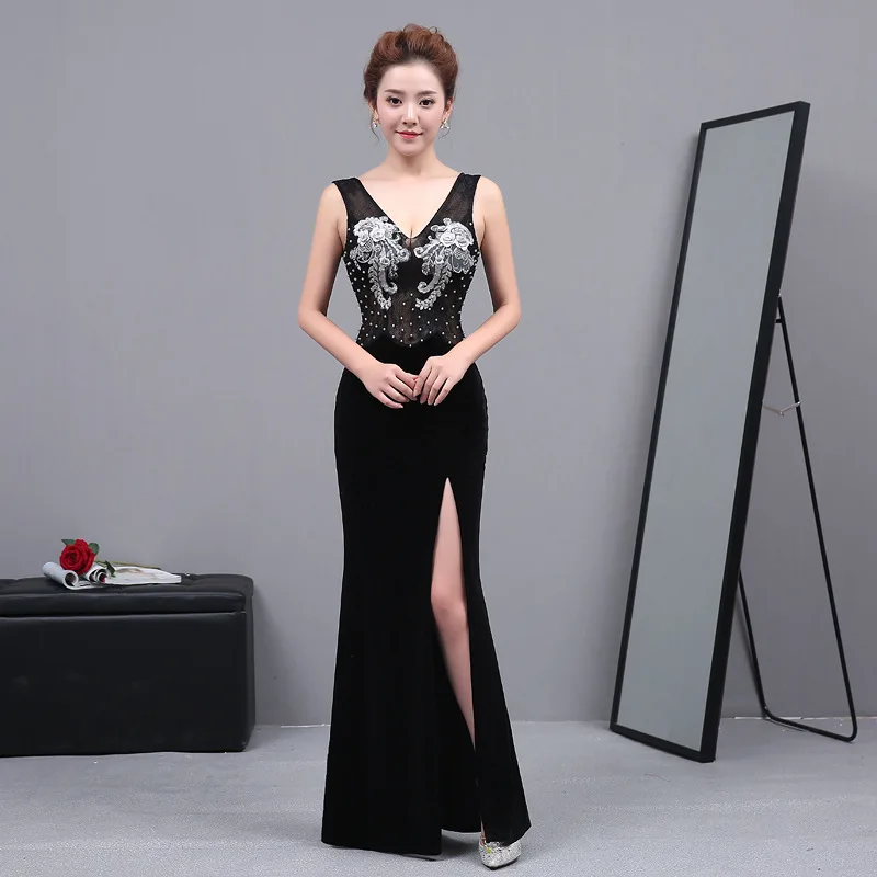 

Black V-Neck Evening Dress Sleeveless Mermaid Empire Embroidery Elegant Floor-length Plus size Women Formal Party Dresses C1250