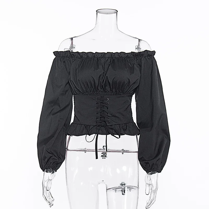 

Spring Fashion Trend Women's Sexy Self-cultivation Solid Color One-line Neck Waist Strap Strapless Lantern Sleeve T-shirt