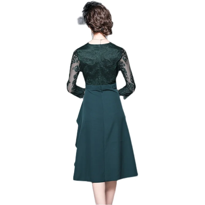 

COIGARSAM Patchwork Women dress Spring Lace Dresses Black Dark Green 6701