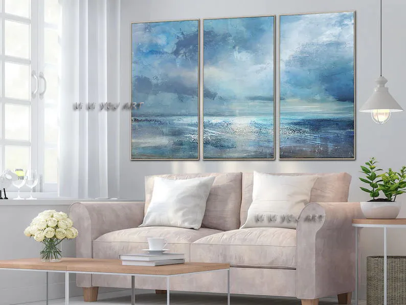 

Pure Hand-painted High Quality Abstract Blue Oil Painting on Canvas Large Size Water Style wall painting for Home Decoration