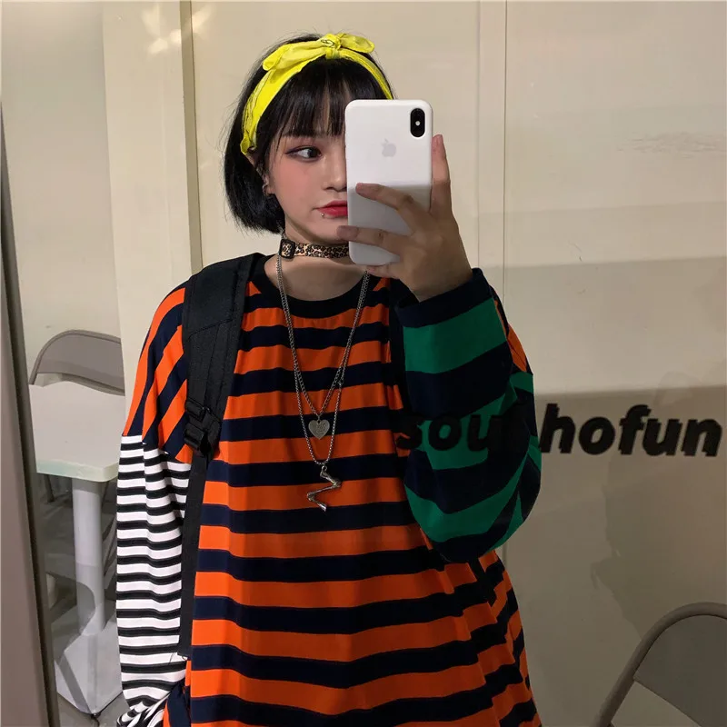

Patchwork Striped Women T Shirt Autumn Harajuku Hip Hop Oversized T Shirt Long Sleeve Couple Strip Tee Harajuku Streetwear Korea