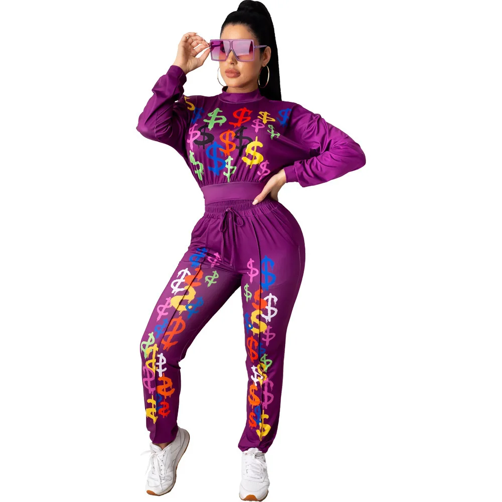 

Colorful US Money Dollar Print Long Sleeve Pullover and Sporting Jogger Sweatsuits Activewear Autumn Casual Two Piece Tracksuits
