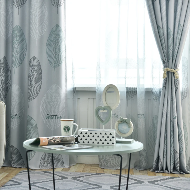 Занавеска с листьями бежевая Затемняющая занавеска для гостиной серая