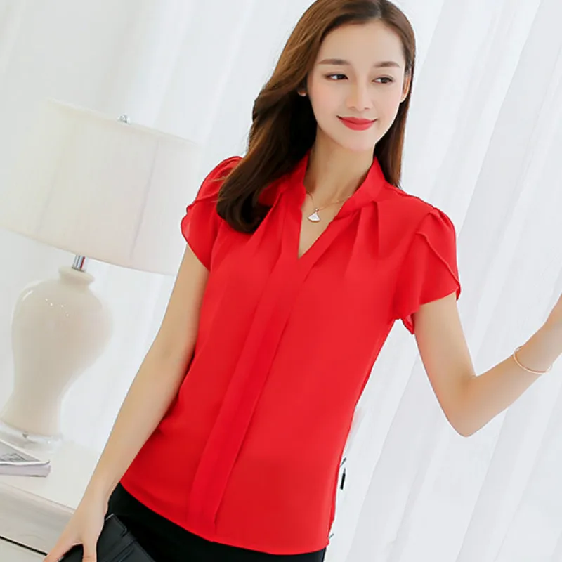 Летняя женская шифоновая блузка с короткими рукавами красного и белого цвета в