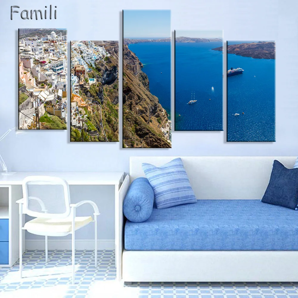 

5 Piece Hot Sell Modern Wall Painting Art Picture Paint on Canvas Prints The classic beauty of the Greek island of Santorini