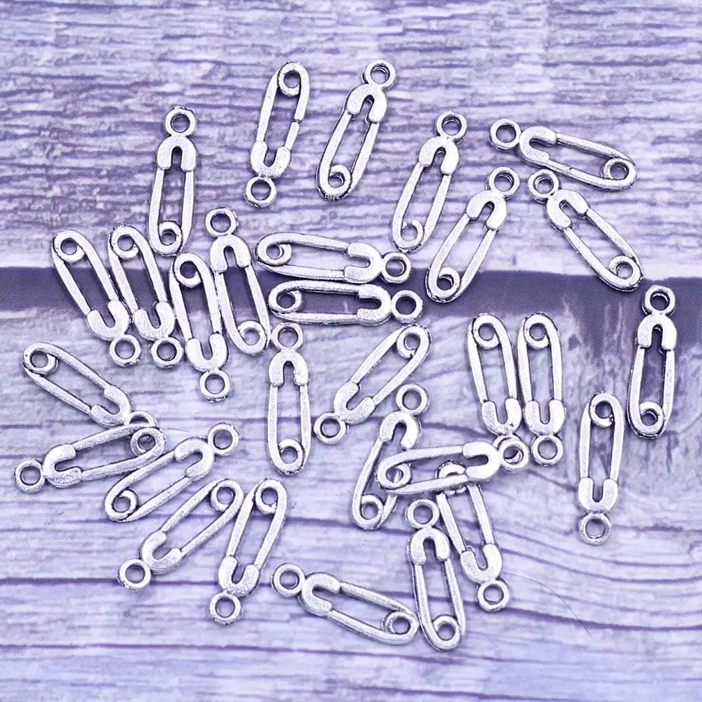 

50Pcs Pendants Brooches Safety Pins Cute Shape Antique Silver Tone Metal For Charm Bracelets Craft Jewelry DIY Findings 16x5mm