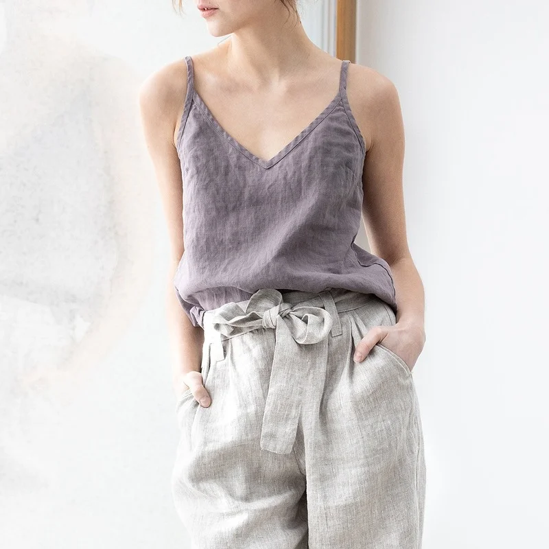 

2021 Women Spaghetti Strap Solid Color Vest T-Shirts Summer New Linen Vintage Loose All Match Simple Female Tops Indie 5 Colors