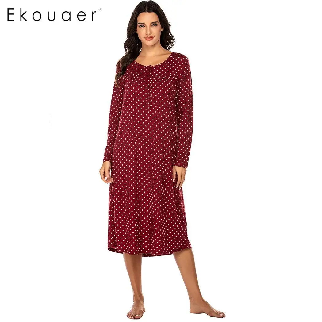 Ekouaer, женская мягкая ночная рубашка, одежда для сна, круглый вырез, длинный рукав, узор в горошек, кружевная отделка, ночная рубашка Pregant, ночная одежда, домашняя одежда