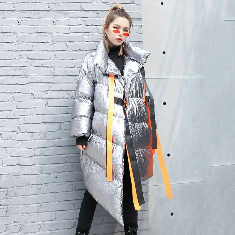 Пуховик женский с лентами воротником-стойкой и длинным рукавом | Женская одежда