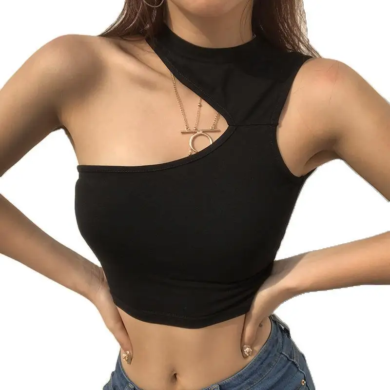 

2021 summer new sexy digging shoulder irregular short sports vest bottoming shirt top