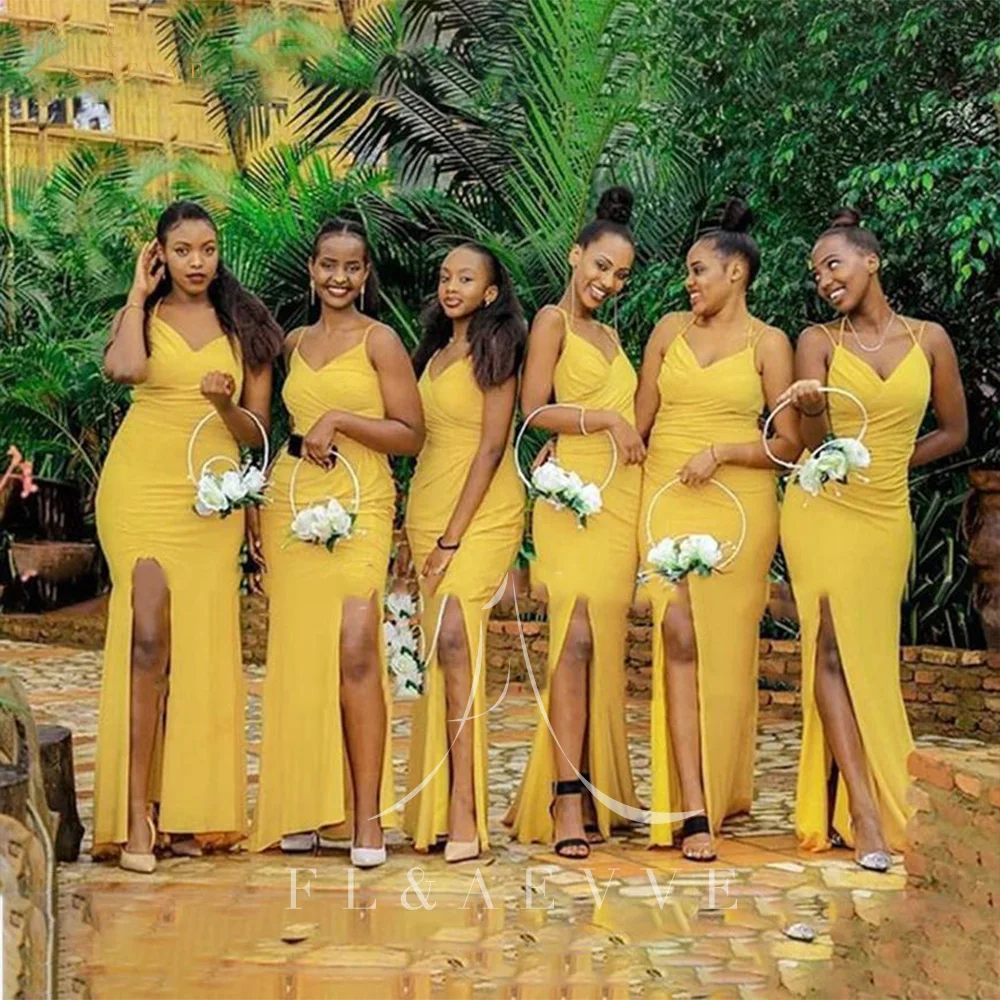 

Sexy Yellow Elastic Satin Spaghetti Straps Wedding Party Dress Side Split African Mermaid Bridesmaid Dresses Plus Size