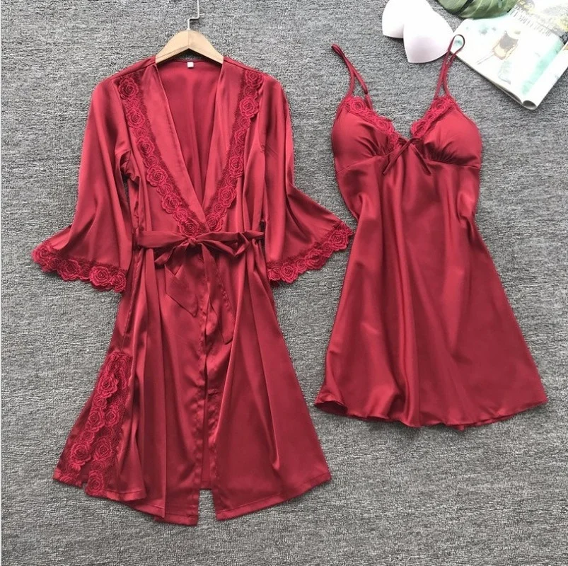 Pajama Set Women Lace Trim Satin Sleepwear Pyjamas Pour Femme Summer Nightwear With skirt Casual Home Wear Kimono Robe Gown PJS