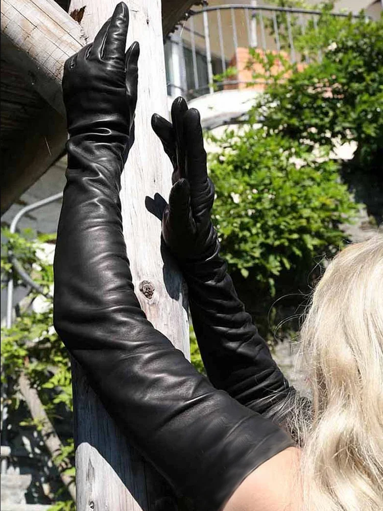 Lady Real Sheep Leather  Super Long Shoulder Length Opera Gloves Black