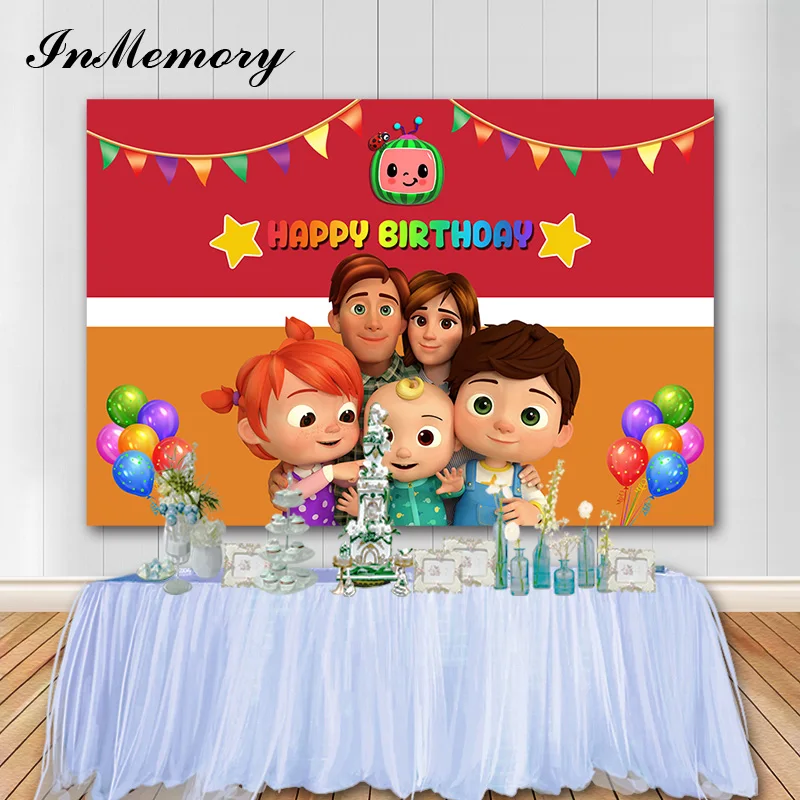 В памяти детский день рождения фон для фотосъемки с изображением Cocomelon