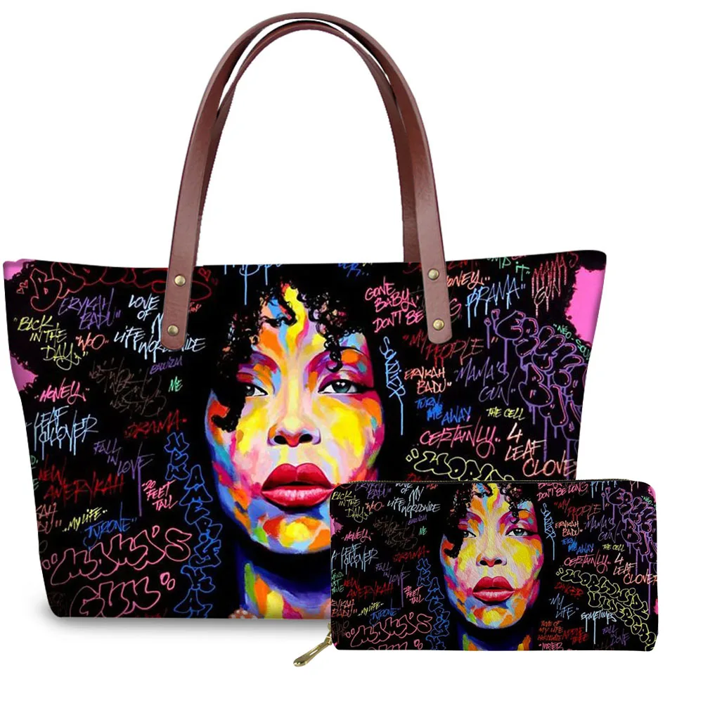 New Fashion Women'S Bag 2 Pcs Luxury Ladies Handbag Black Girl Printed Girls Wallet Luxury Casual Shoulder Bags Bolsa Feminina