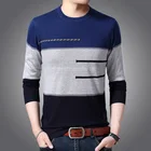 #5822 мужской вязаный свитер для папы среднего возраста с длинными рукавами и круглым вырезом, комбинированный цветной тонкий базовый пуловер, мужской свитер в полоску в Корейском стиле