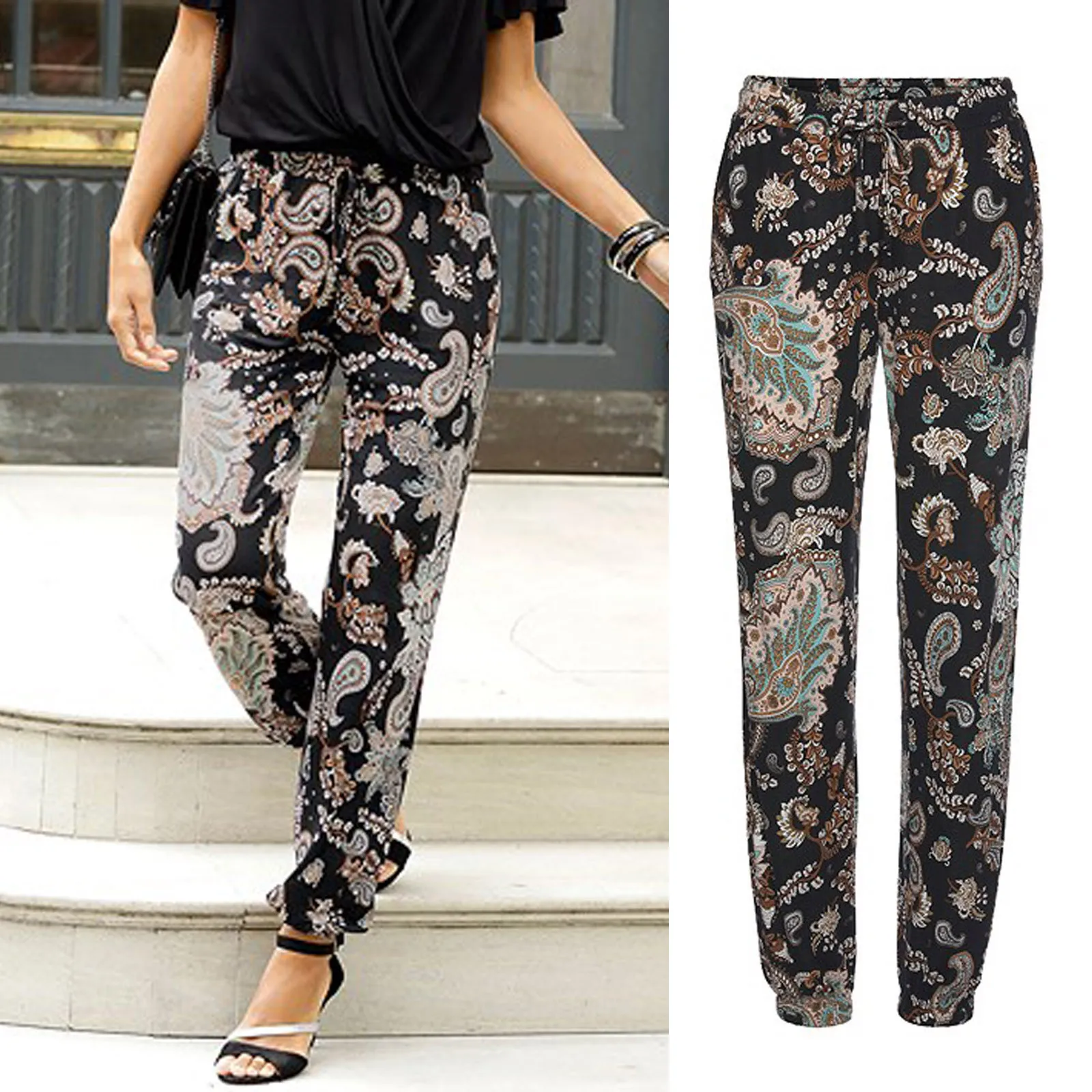 Брюки женские в богемном стиле повседневные штаны-султанки с завышенной талией