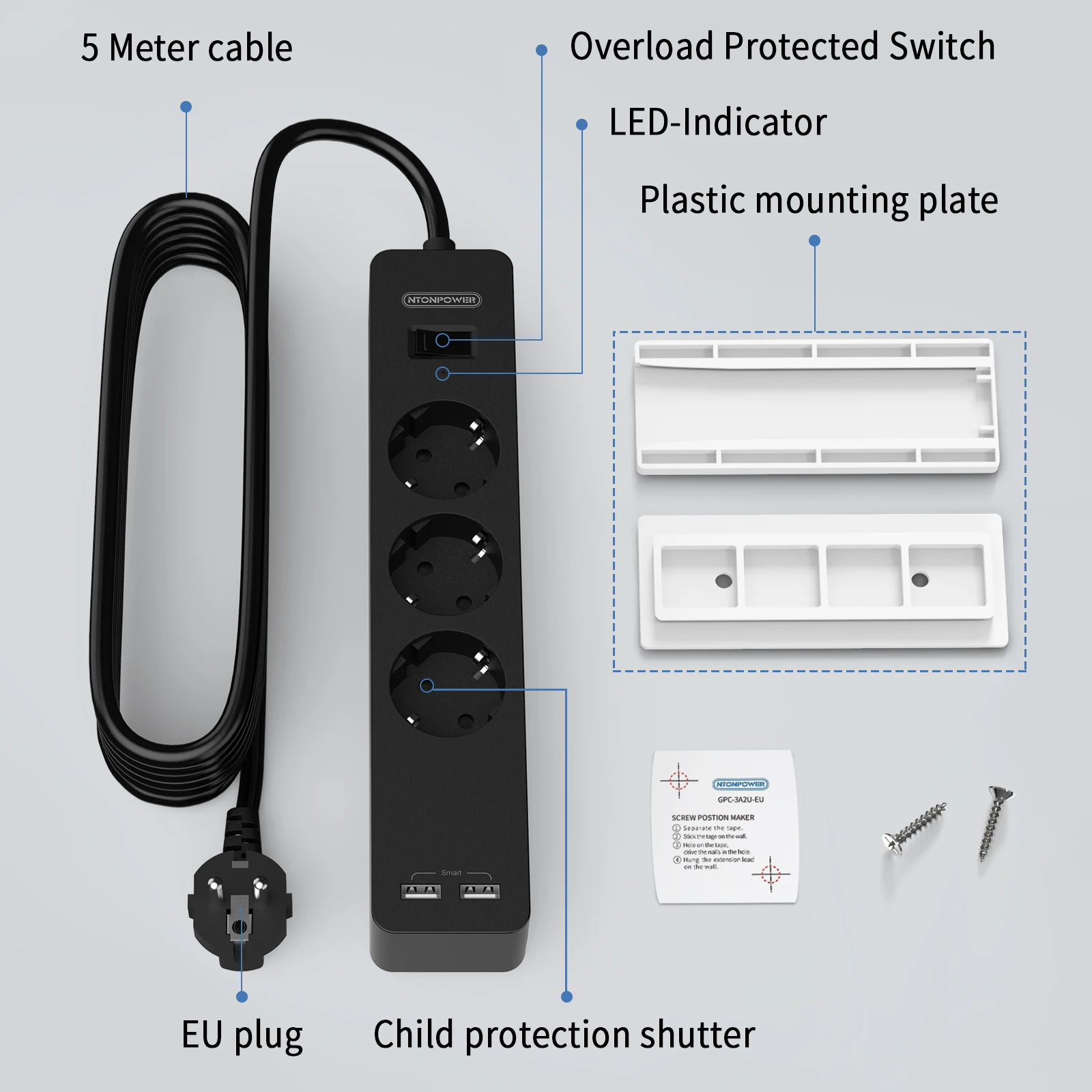 Настенный блок питания NTON с удлинителем 5 метров сетевой фильтр бытовые
