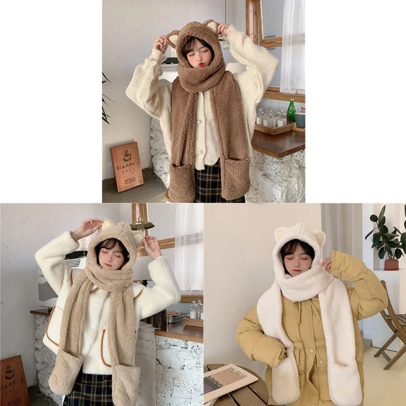 Женский Пушистый Плюшевый теплый комплект 3 в 1 шарф с капюшоном шапка перчатки