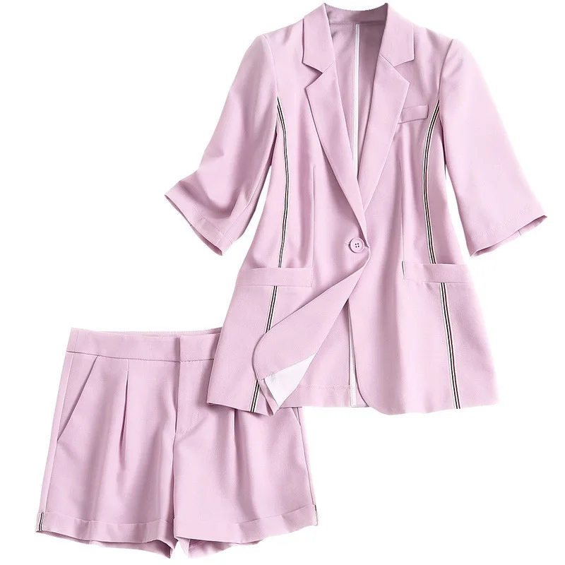 

Elegant Solid Shorts Suits Notched Single Button Blazer Jacket & Shorts Women Casual 2 PCS Business Outfits