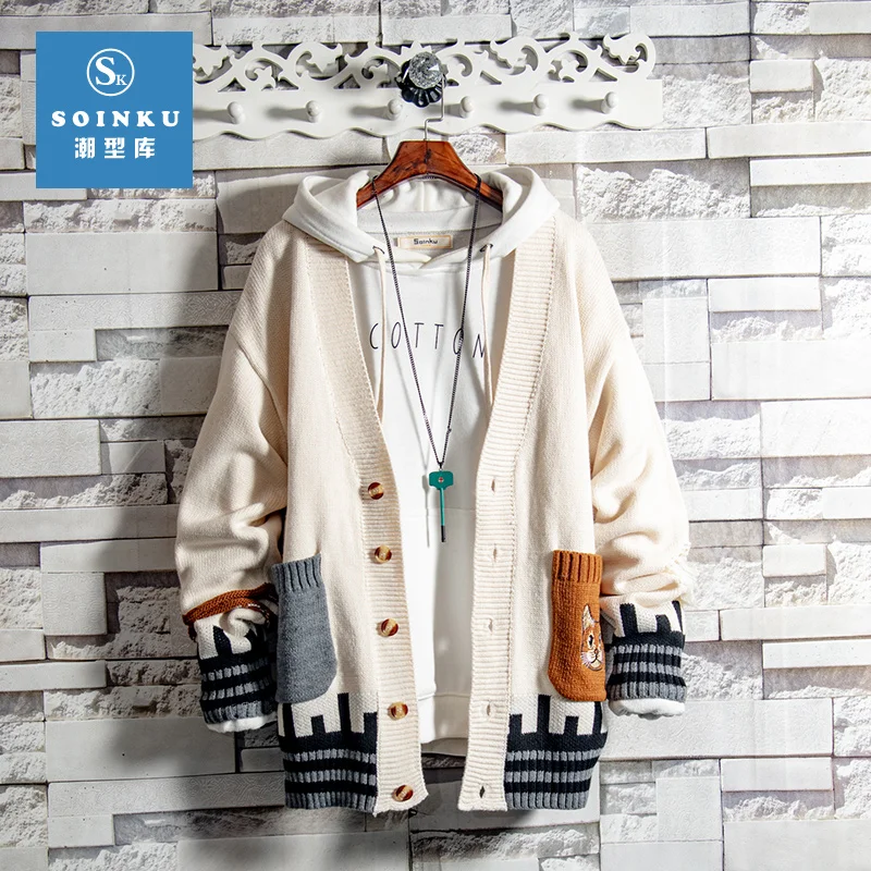 Soinku Spring and Autumn Sweater Men's Cartoon Contrast Color Knitwear Outer Cardigan Korean Style Trendy Handsome Student