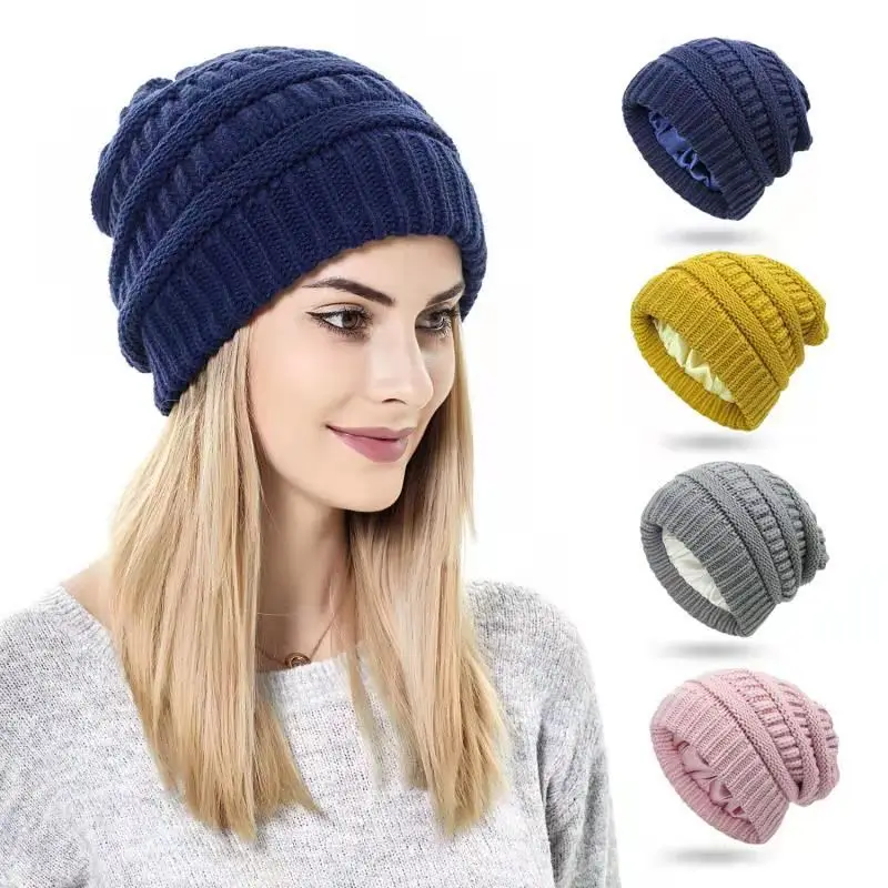 

Trendy Brand Striped Satin Hat Women European And American Outdoor Sports Fashion All-match Lining Breathable Warm Knitted Hat