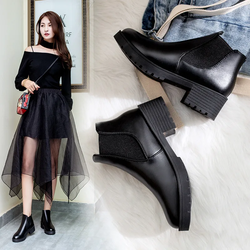 Fashion Women Ankle Boots Round Head Thick Bottom PU leather Waterproof Woman Snow Boots Black Platform Boots Women Footwear