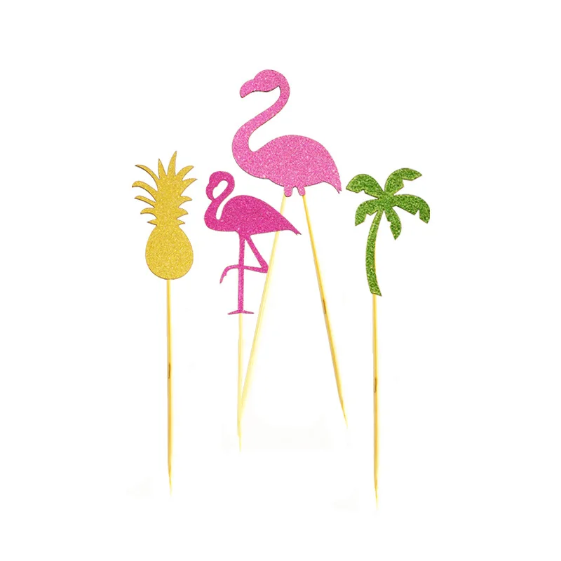 4pcs/set Cake Topper Toppers Pink flamingo pineapple cactus Wrappers cupcakes flag birthday card Hawaiian wedding party decor - купить по