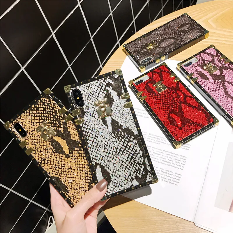 Квадратный чехол для телефона iphone 8 plus с блестками из змеиной кожи 7 6 s xr xs max