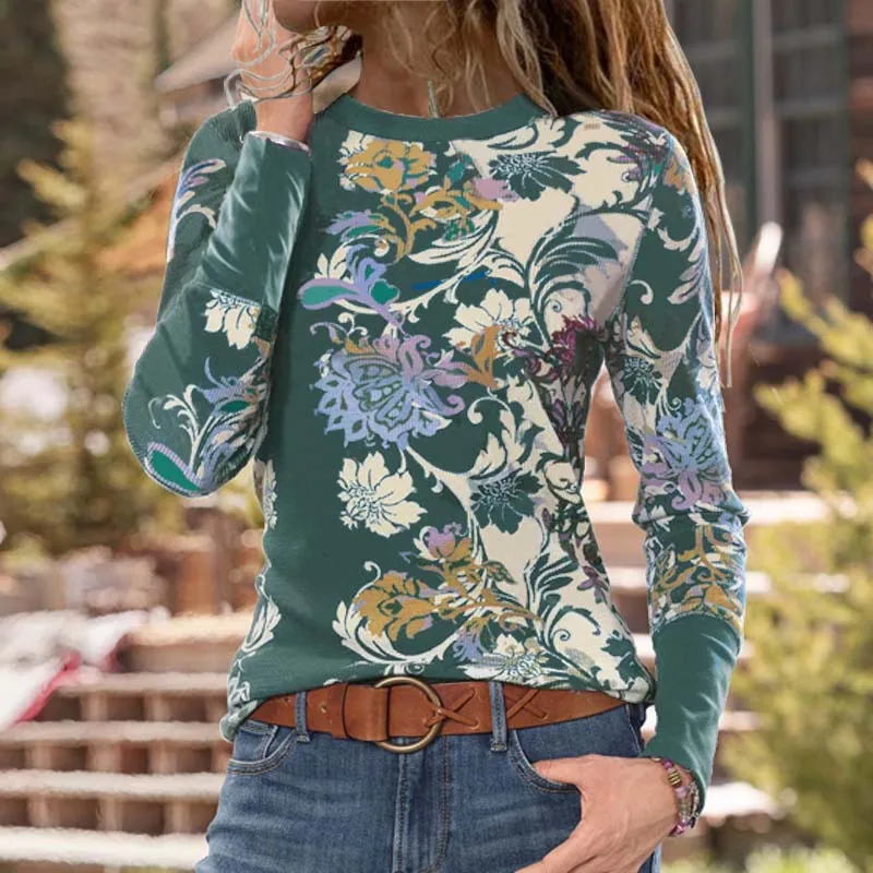 

Women's 2021 spring and autumn models hot sale ethnic style printed long-sleeved top t-shirt women you deserve to have