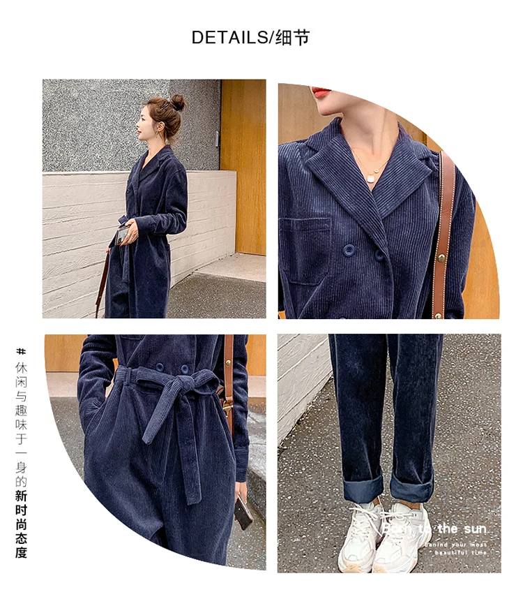 Вельветовые комбинезоны для женщин с длинным рукавом Свободные двубортные Sashe