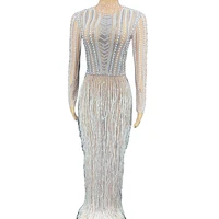 shining embellished beaded women dress tassel split floor long asymmetrical nightclub queen costume dj singer dance stage wear