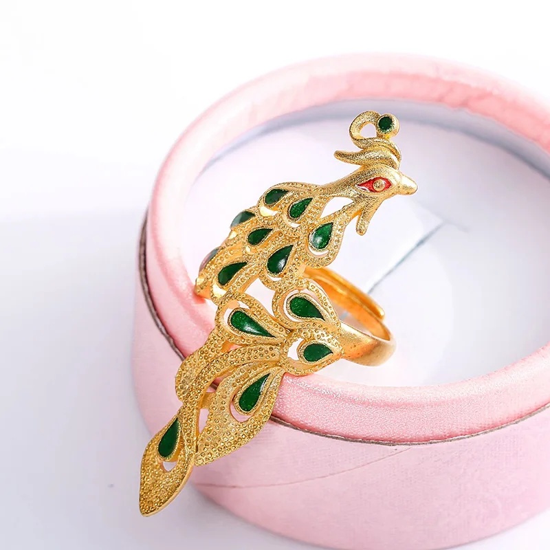 Fashion Gold Color Phoenix Statement Ring Green Crystal Stone Adjustable Wedding Engagement Rings for Women Boho Jewelry