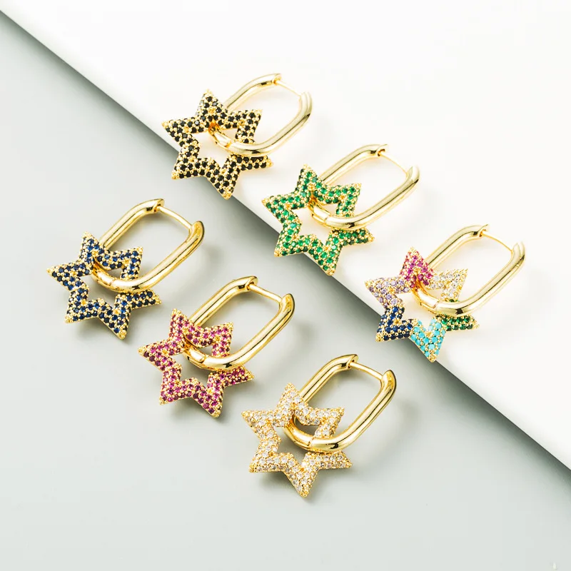 

Fashionable and Creative Six Star Shaped Earrings Copper Plated Micro Inlaid with Color Zircon Minority Earrings