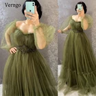 Verngo 2021 оливково-зеленые тюлевые платья для выпускного вечера с пышными длинными рукавами милое платье с поясом со стразами размера плюс женское красное вечернее платье