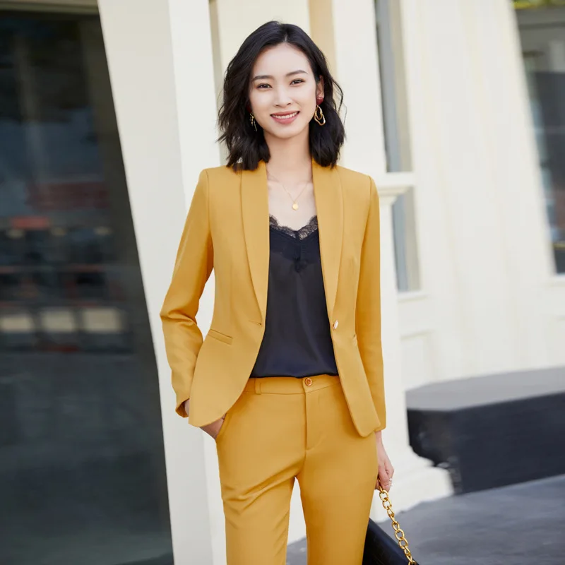 Женский офисный брючный костюм желтая деловая форма комплект из 2 предметов