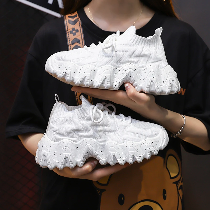 

Women's Sports Shoes Fashion Women's Sneakers 2021 Knitting Breathable Woman Shoe Lace-Up Thick Sole Running Casual Shoe Woman