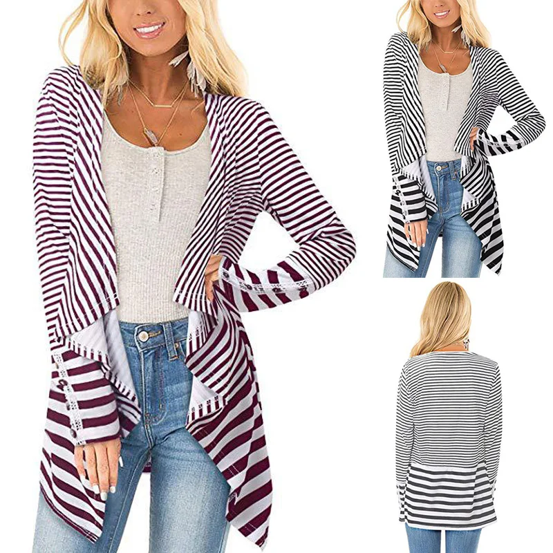 Женское повседневное пальто кардиган в полоску с длинным рукавом для осени и