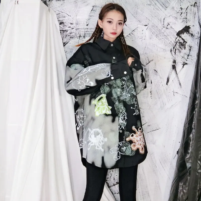 2020 Spring New Female Korean Blouse Women Hip-hop Loose Wild Printing Pattern Hedging Graffiti Shirt Long Sleeve | Женская одежда