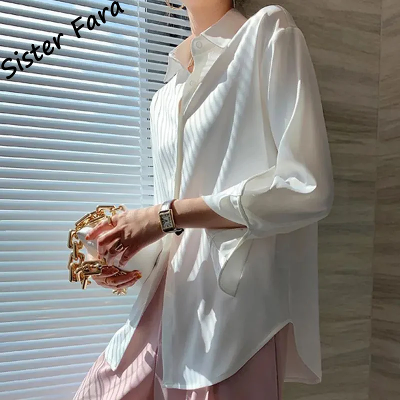 Однотонная Элегантная атласная рубашка Sister Fara Весенняя женская Свободная