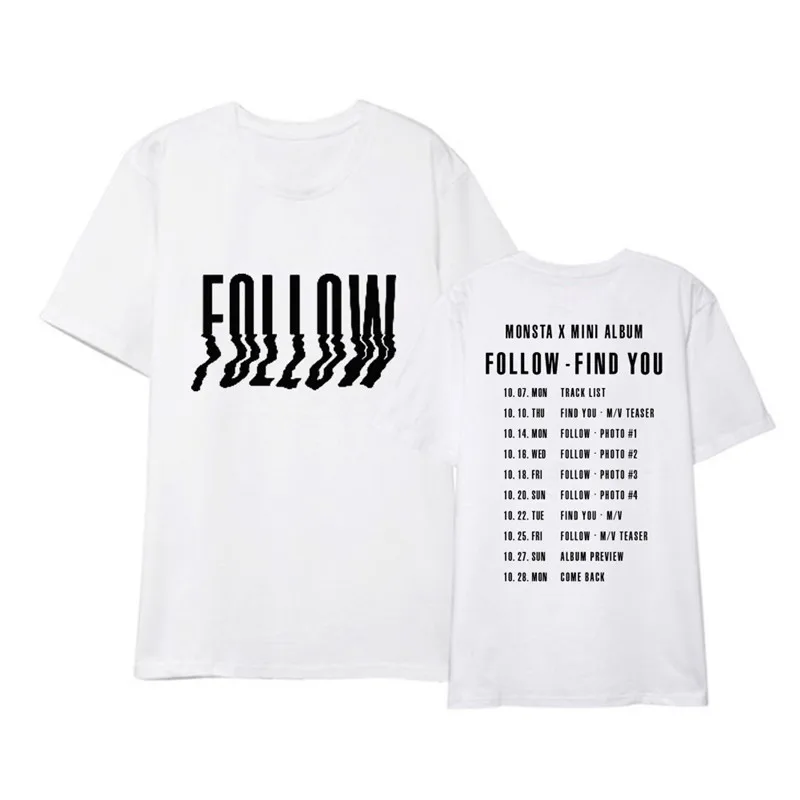 Kpop MONSTA X MINI ALBUM FOLLOW Shirts Уличная Повседневная Свободная футболка топы с короткими