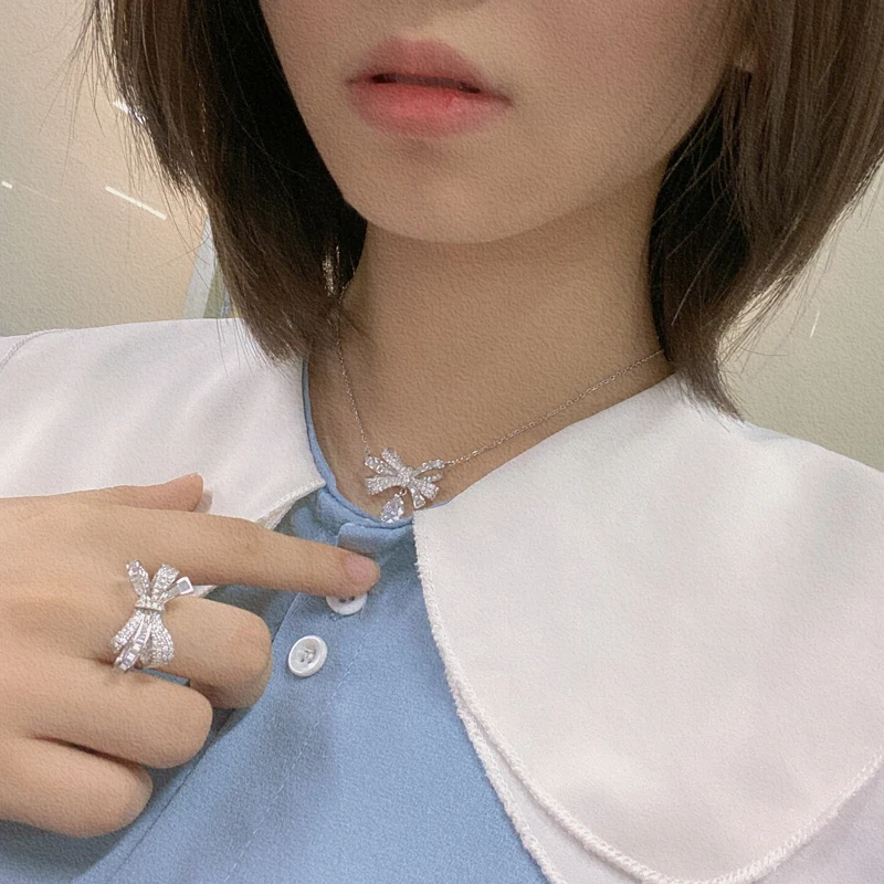 

Classic 100% 925 Sterling Silver Bow-Knot Drop-shaped Elegant Pendant Necklace For Women High Carbon Diamond Fine Jewelry Gift