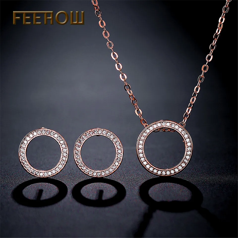 FEEHOW Fashion Cubic Zirconia Round Simple Earrings Necklace Set for Women Wedding Dinner Party Birthday Gift Jewelry FWSP3016 | Украшения
