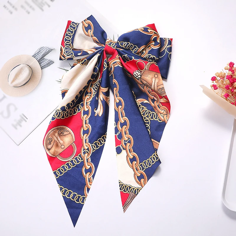 

2021 New Printing Satin Girls Bow Hair Band Trendy Ribbon Hairpin Temperament Ribbon Bow Ladies Headwear Hair Accessories