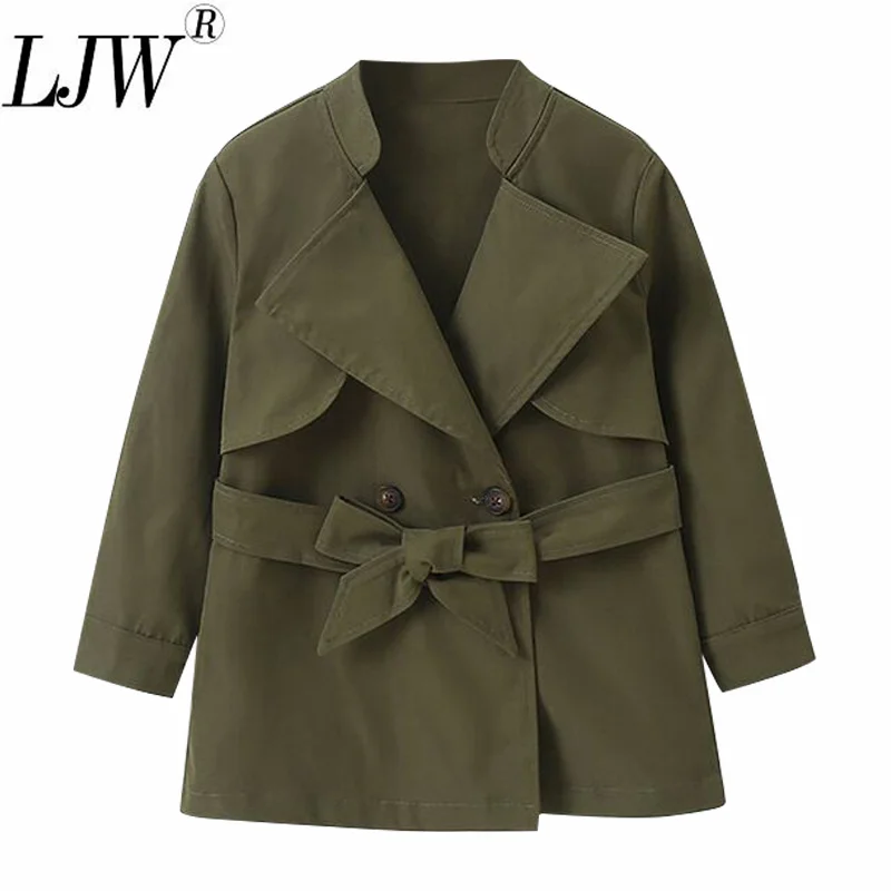 

2021 new spring and autumn solid color long sleeve belt coat girl army green fashion medium long coat girl foreign style windbre