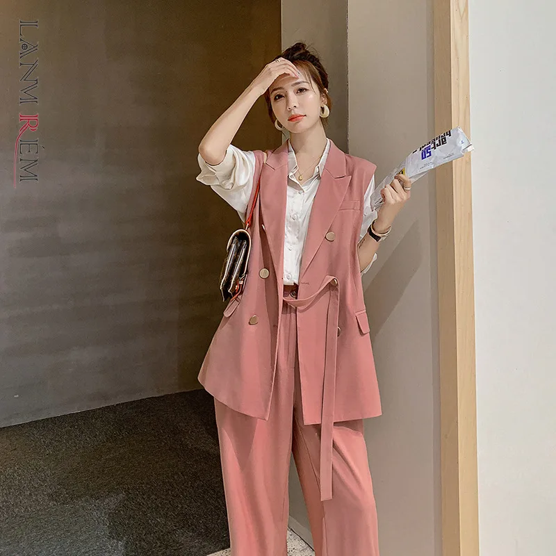 

LANMREM 2022 новые женские костюмы из двух частей без рукавов, однотонный топ с регулируемой талией на одной пуговице, свободные женские брюки, мо...