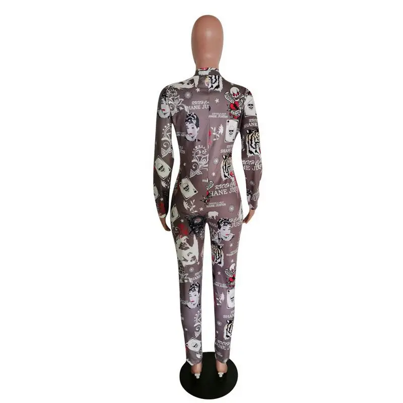 

TNNAOFF cartoon Printed Bodycon Jumpsuit for Women rave festival clothing Long Sleeve zip Sexy One Piece Club Outfits Overalls